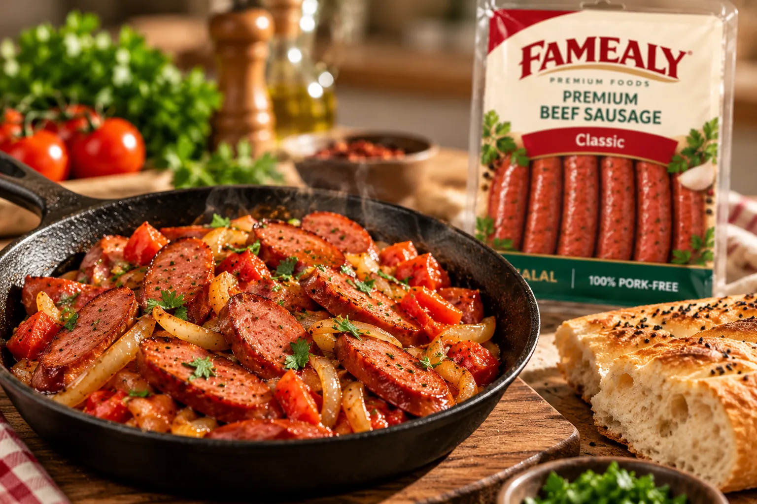 Pan-fried beef sausage